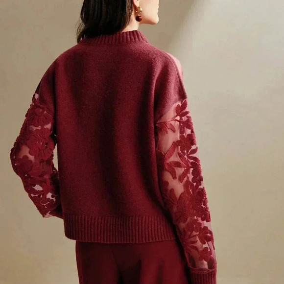 Burgundy Casual Women's Floral Pattern Round Neck Long Sleeve Knit Sweater - Picture 2 of 6